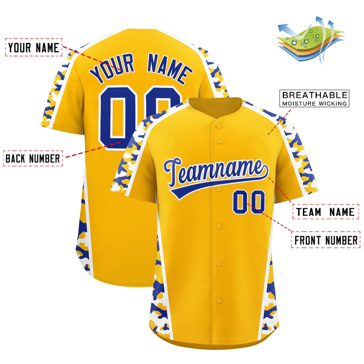 Custom Yellow Royal Blue Side Camo Style Personalization Baseball Jersey| KXKSHOP