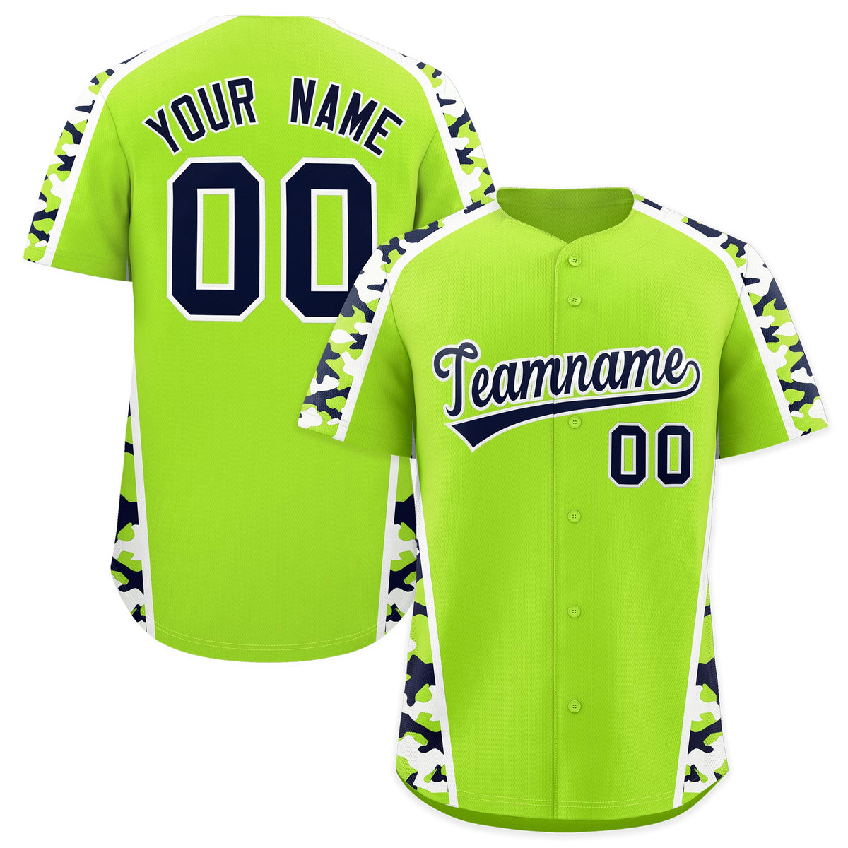 Custom Neon Green Navy Side Camo Style Personalization Baseball Jersey| KXKSHOP