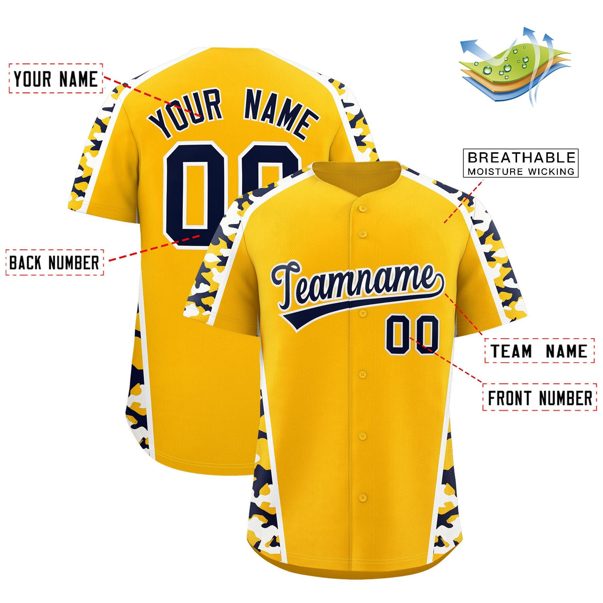Custom Yellow Navy Side Camo Style Personalization Baseball Jersey| KXKSHOP