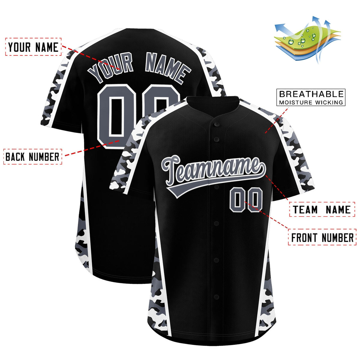 Custom Black Gray Side Camo Style Personalization Baseball Jersey| KXKSHOP