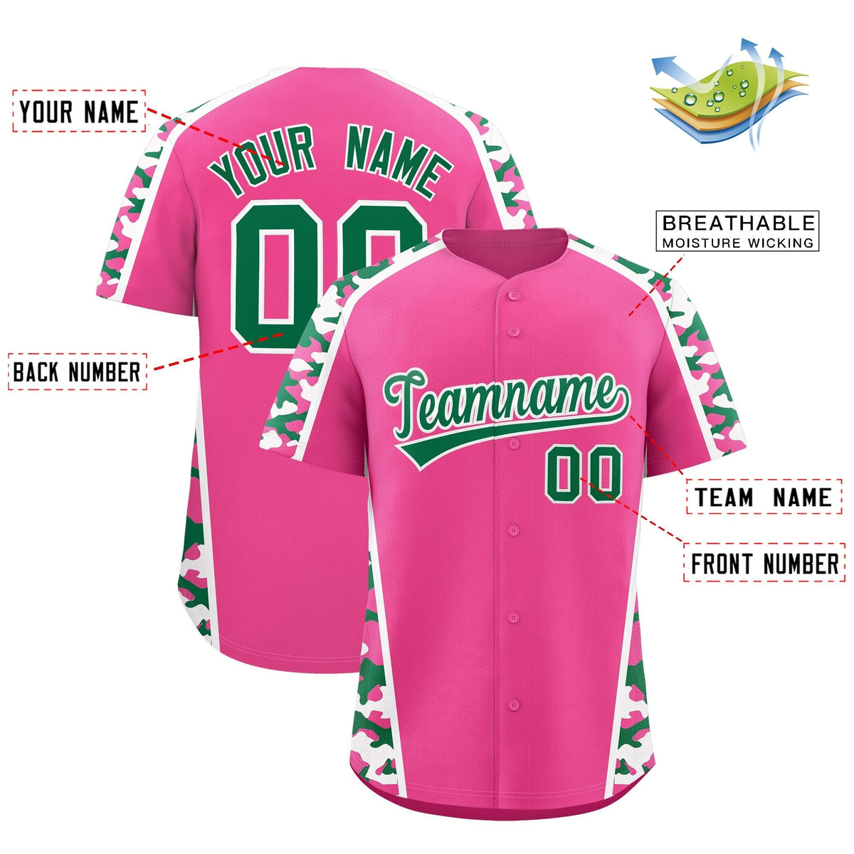 Custom Pink Kelly Green Side Camo Style Personalization Baseball Jersey| KXKSHOP