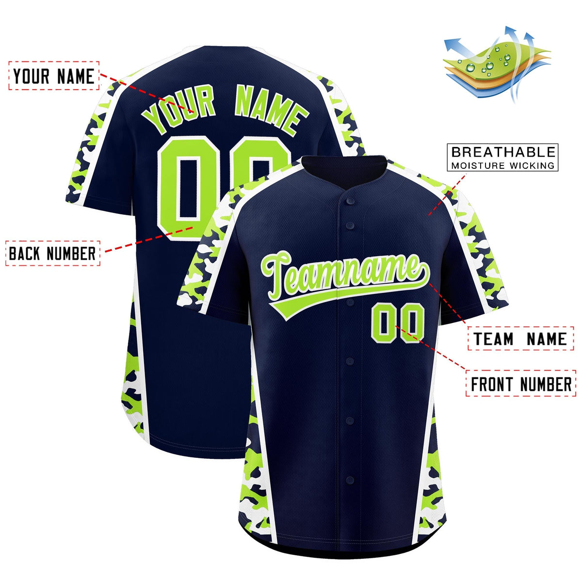 Custom Navy Neon Green Side Camo Style Personalization Baseball Jersey| KXKSHOP