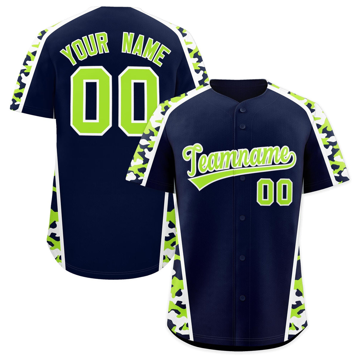 Custom Navy Neon Green Side Camo Style Personalization Baseball Jersey| KXKSHOP