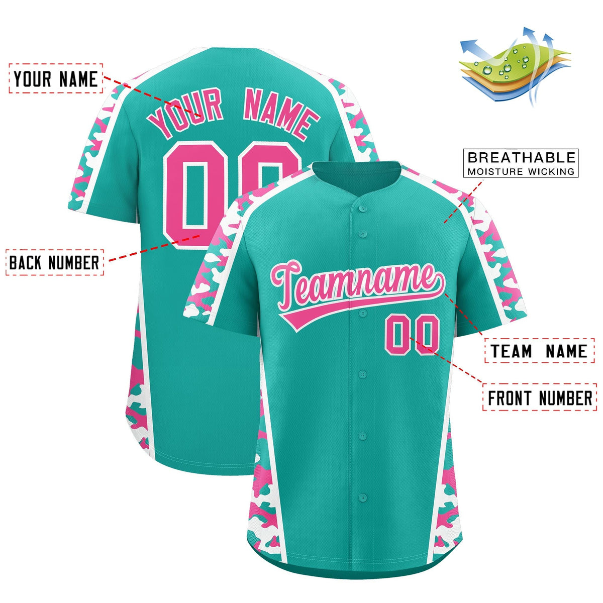 Custom Aqua Pink Side Camo Style Personalization Baseball Jersey| KXKSHOP