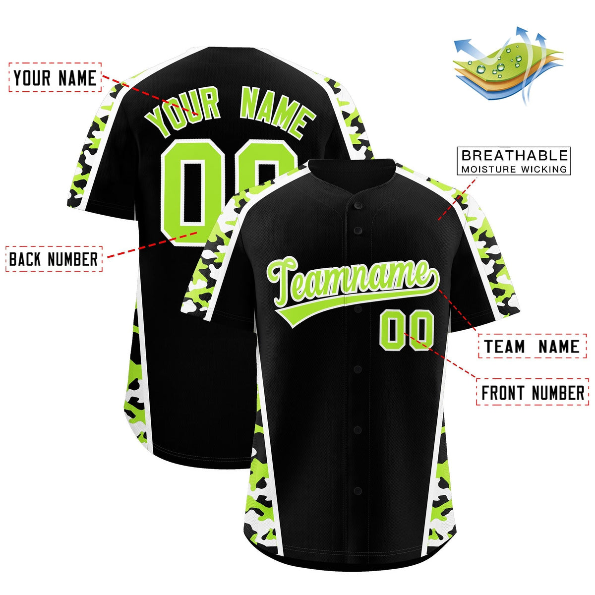 Custom Black Neon Green Side Camo Style Personalization Baseball Jersey| KXKSHOP