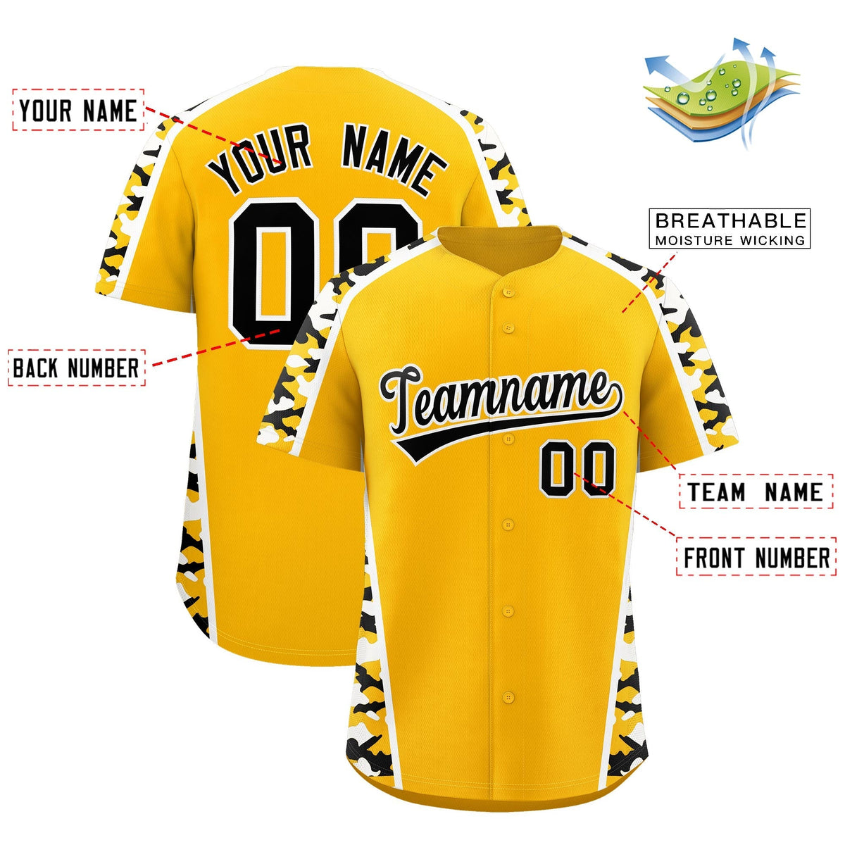Custom Yellow Black Side Camo Style Personalization Baseball Jersey| KXKSHOP