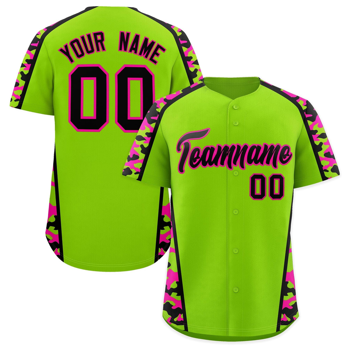 Custom Neon Green Black Pink Side Camo Style Personalization Baseball Jersey| KXKSHOP