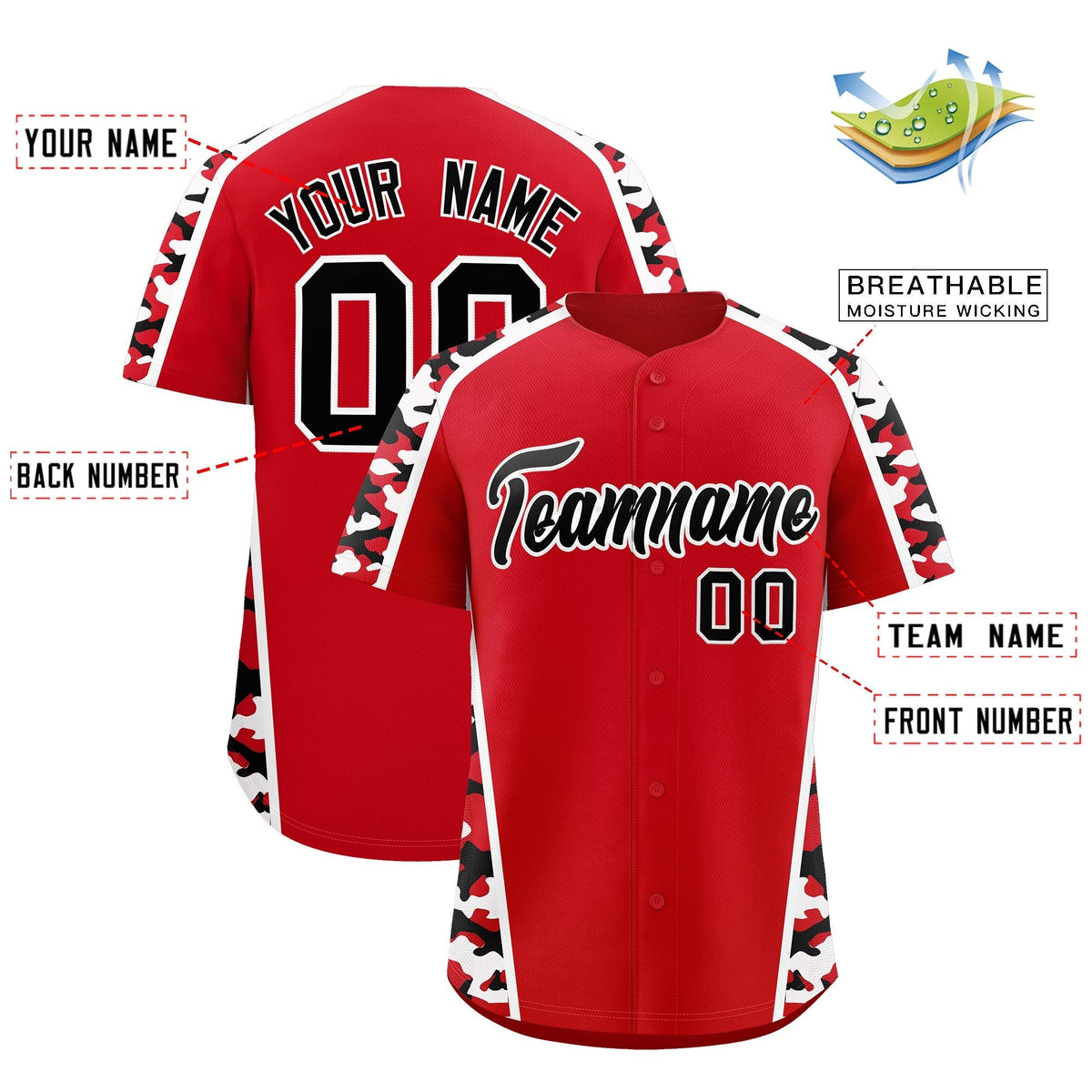 Custom Red Black Side Camo Style Personalization Baseball Jersey| KXKSHOP