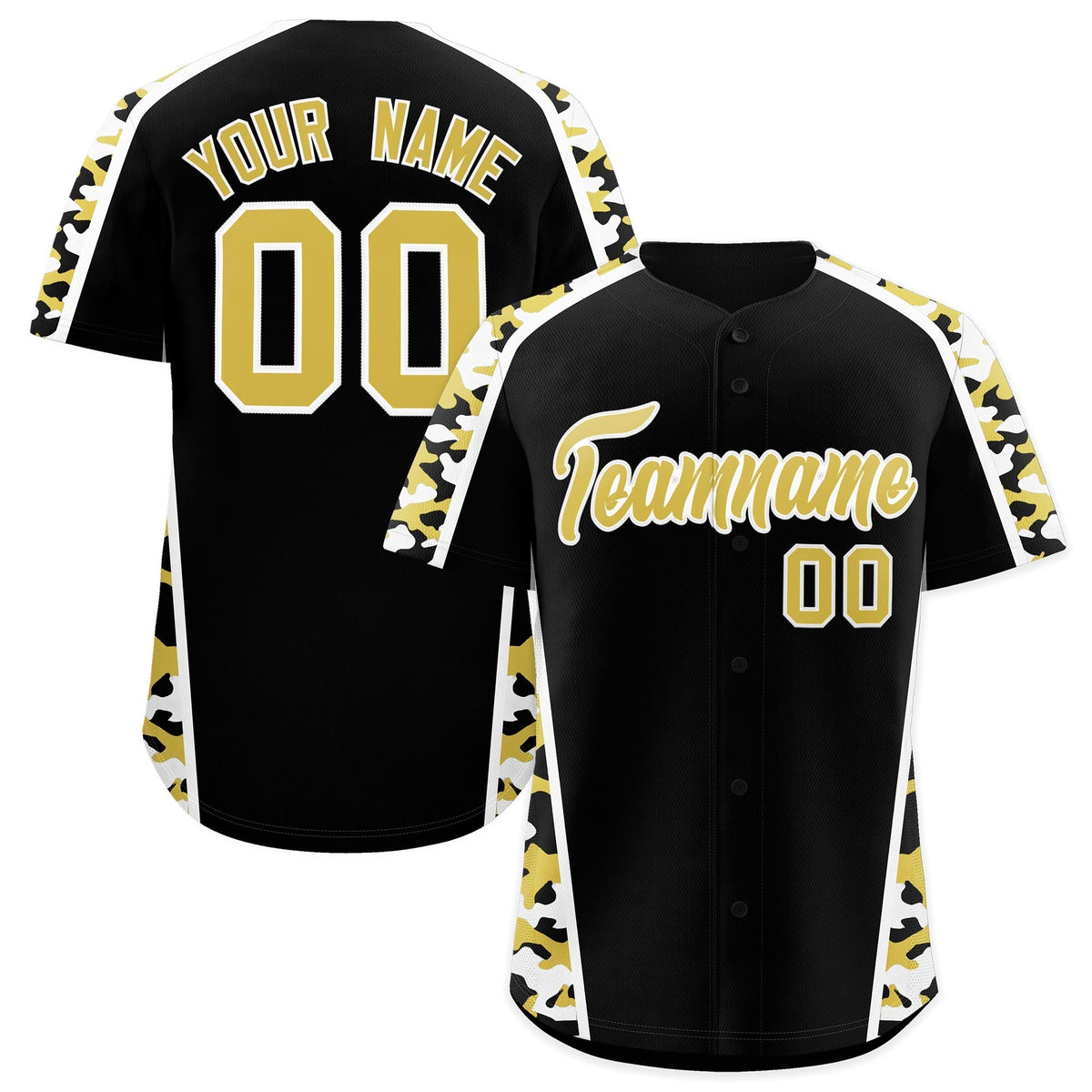 Custom Black Old Gold Side Camo Style Personalization Baseball Jersey| KXKSHOP