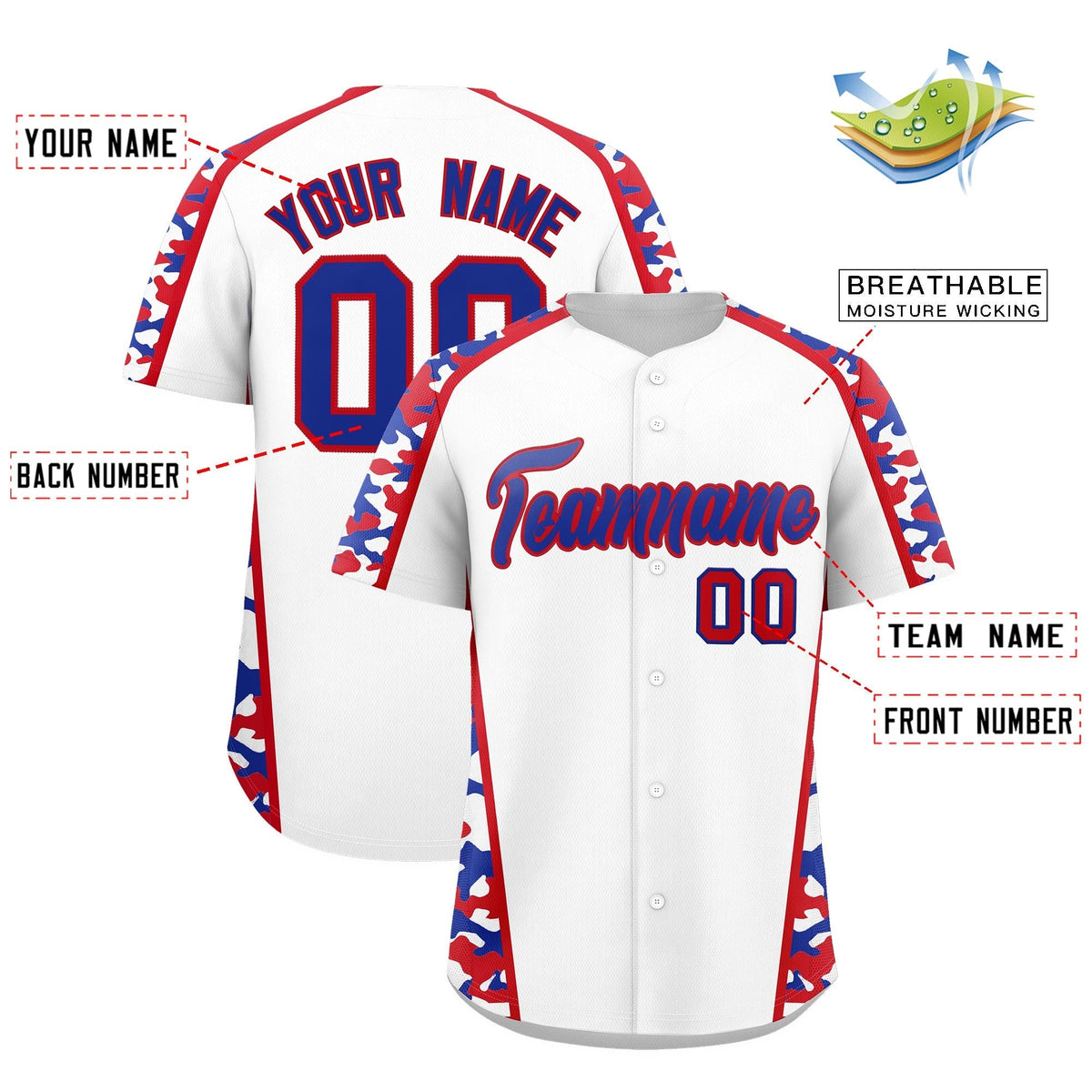 Custom White Royal Blue Side Camo Style Personalization Baseball Jersey| KXKSHOP