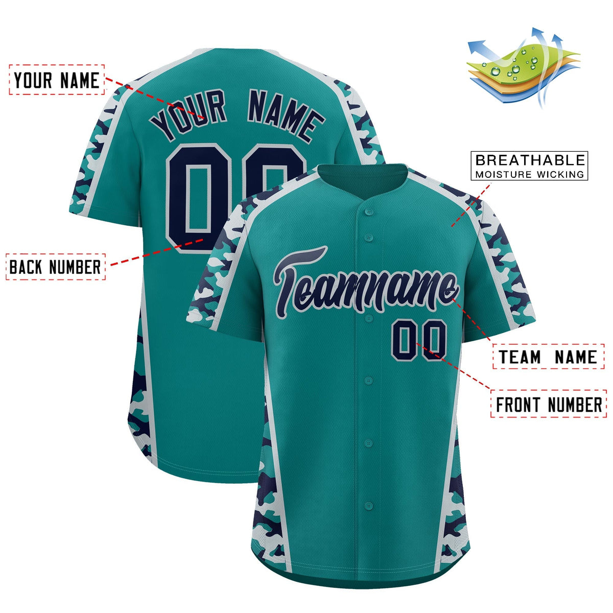 Custom Teal Navy Side Camo Style Personalization Baseball Jersey| KXKSHOP