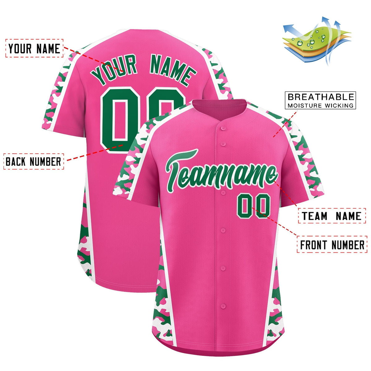Custom Pink Kelly Green Side Camo Style Personalization Baseball Jersey| KXKSHOP