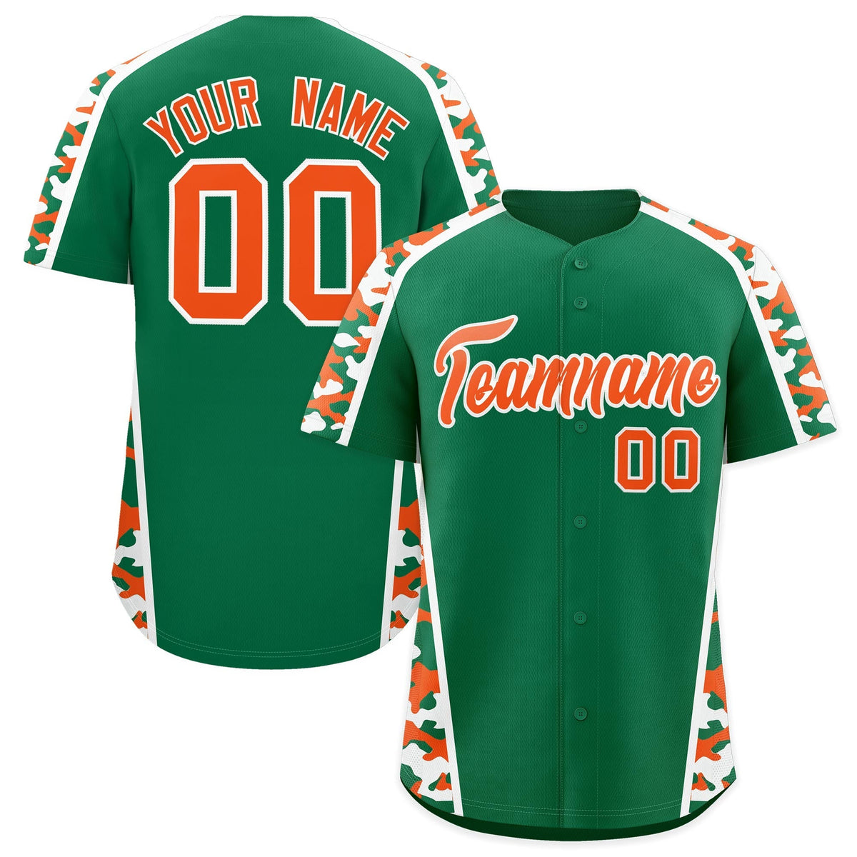 Custom Kelly Green Orange Side Camo Style Personalization Baseball Jersey| KXKSHOP