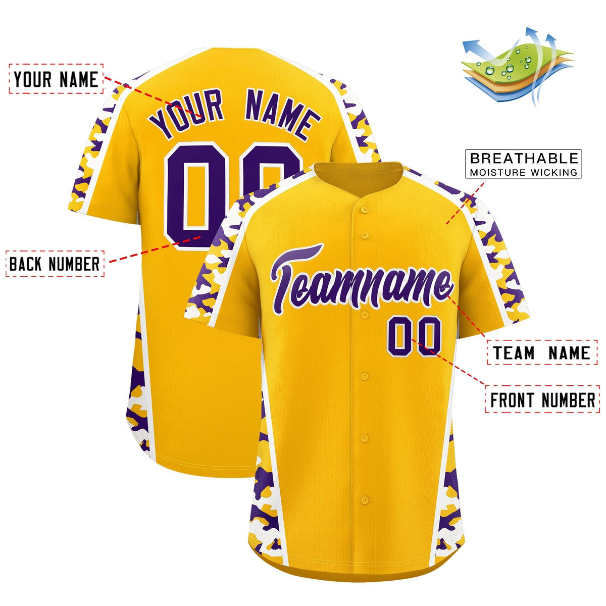 Custom Yellow Purple Side Camo Style Personalization Baseball Jersey| KXKSHOP