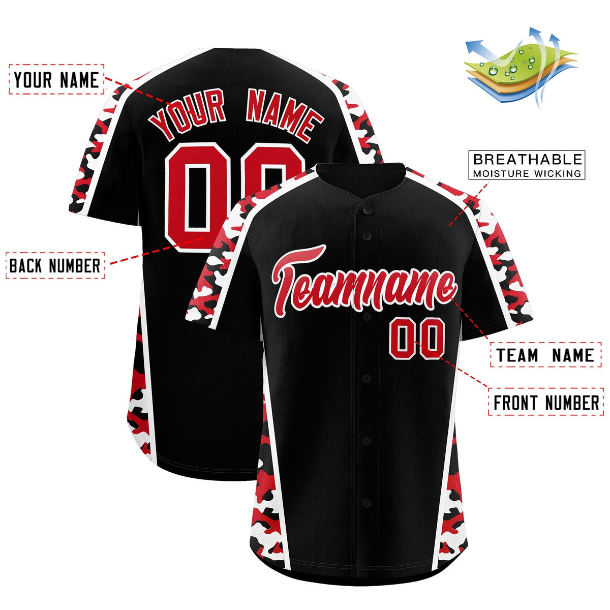 Custom Black Red Side Camo Style Personalization Baseball Jersey| KXKSHOP