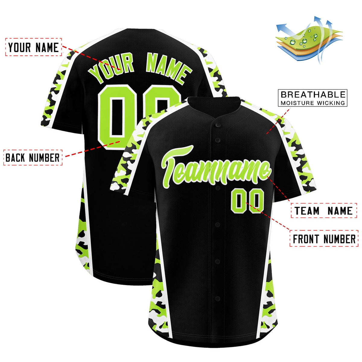 Custom Black Neon Green Side Camo Style Personalization Baseball Jersey| KXKSHOP