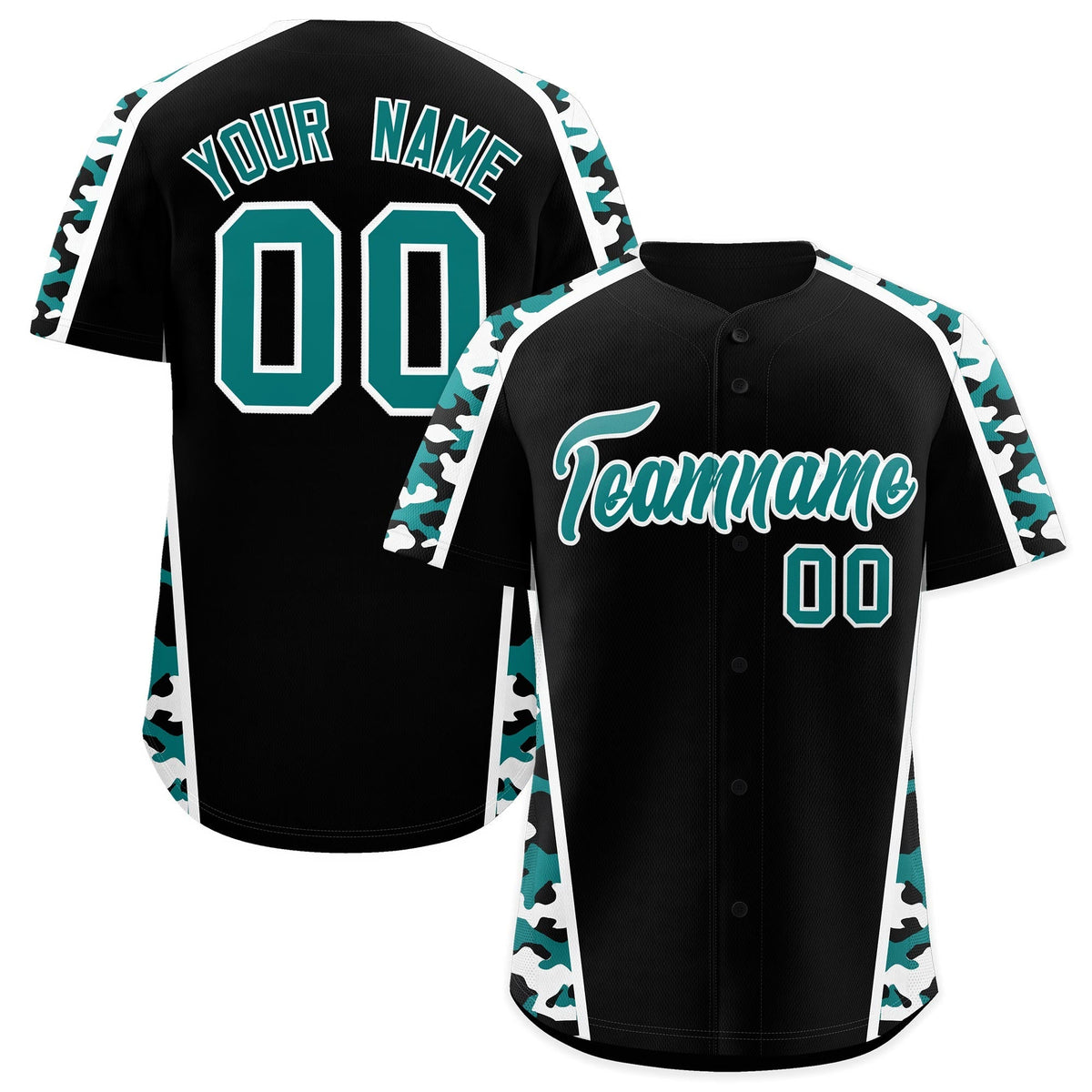 Custom Black Teal White Side Camo Style Personalization Baseball Jersey| KXKSHOP
