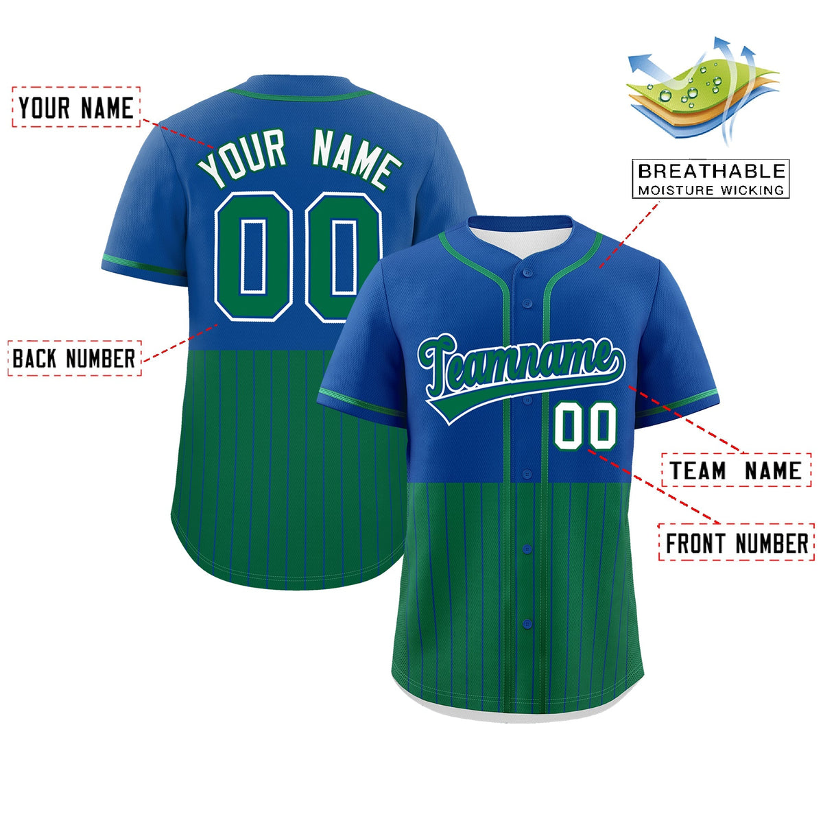 Custom Royal Kelly Green Personalized Half Stripe Design Authentic Baseball Jersey