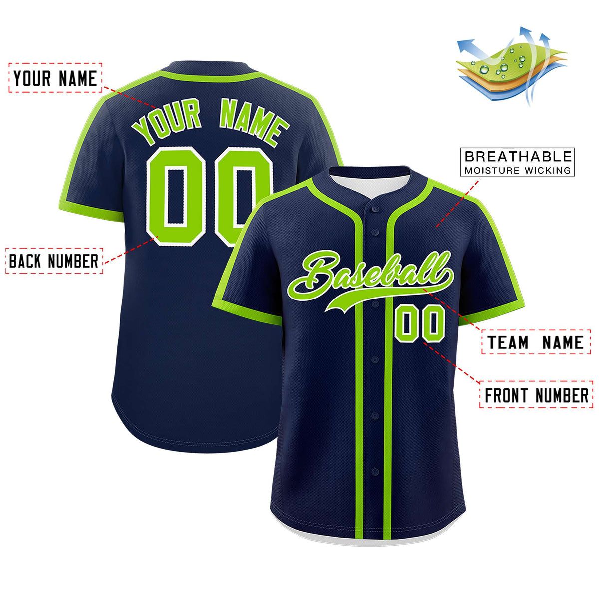 Custom Navy Neon Green Personalized Classic Authentic Baseball Jersey