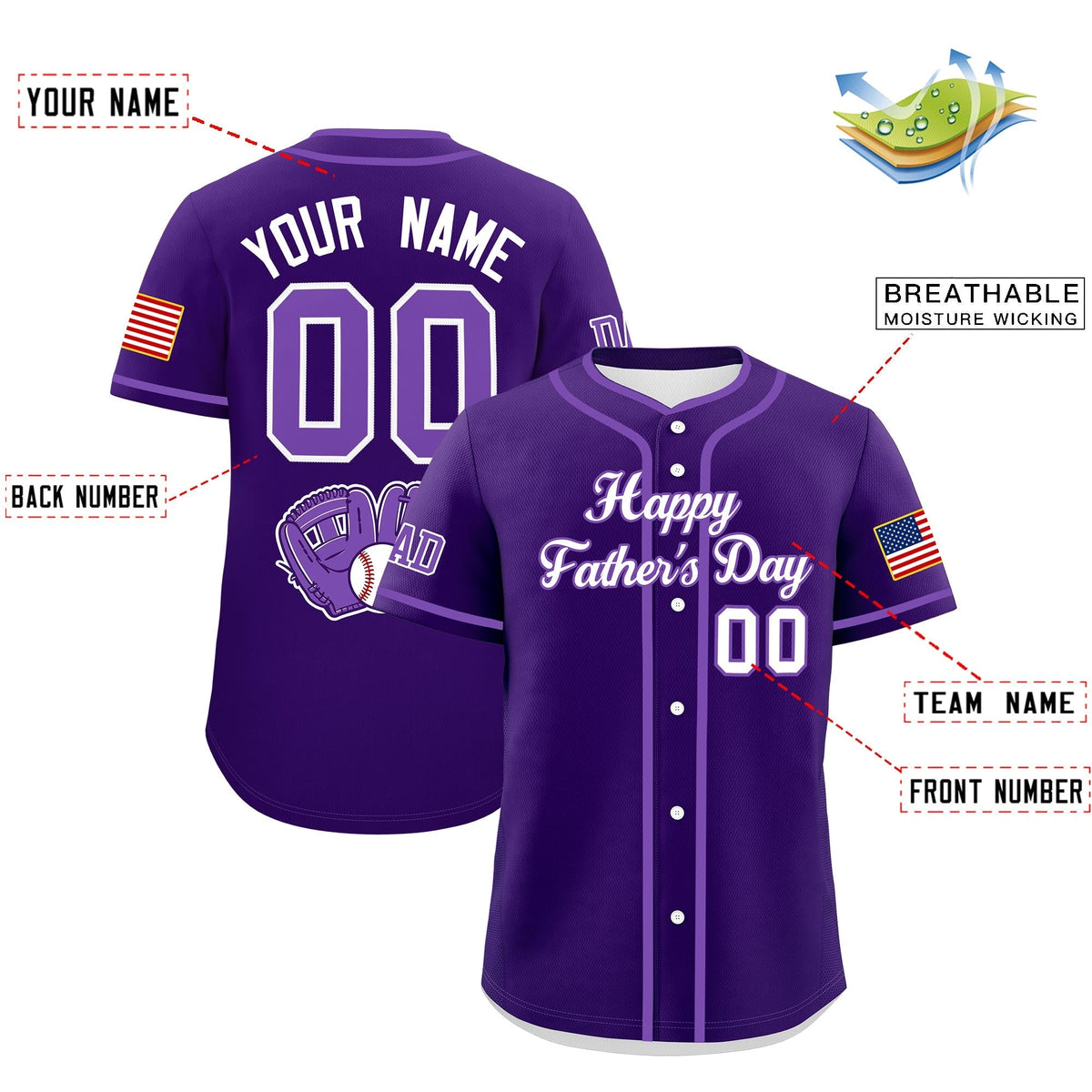 Custom Purple White Classic Style Father's Day Quick Dry Baseball Jersey| KXKSHOP