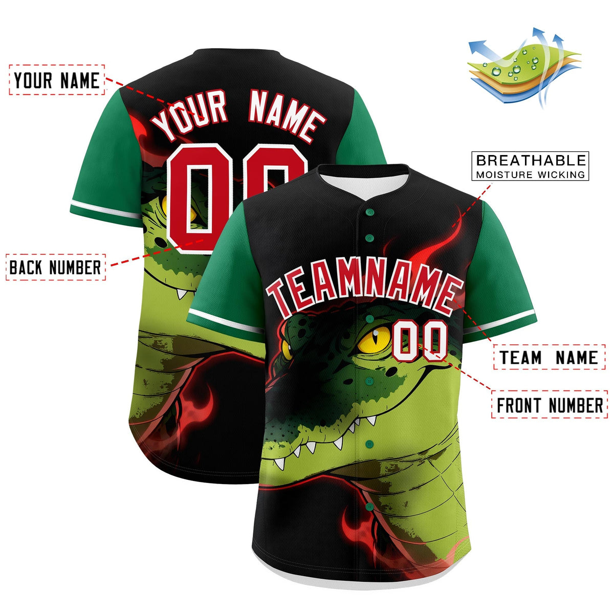 Custom Black Kelly Green Red Crocodile Animal Series Personalization Graffiti Pattern Baseball Jersey| KXKSHOP