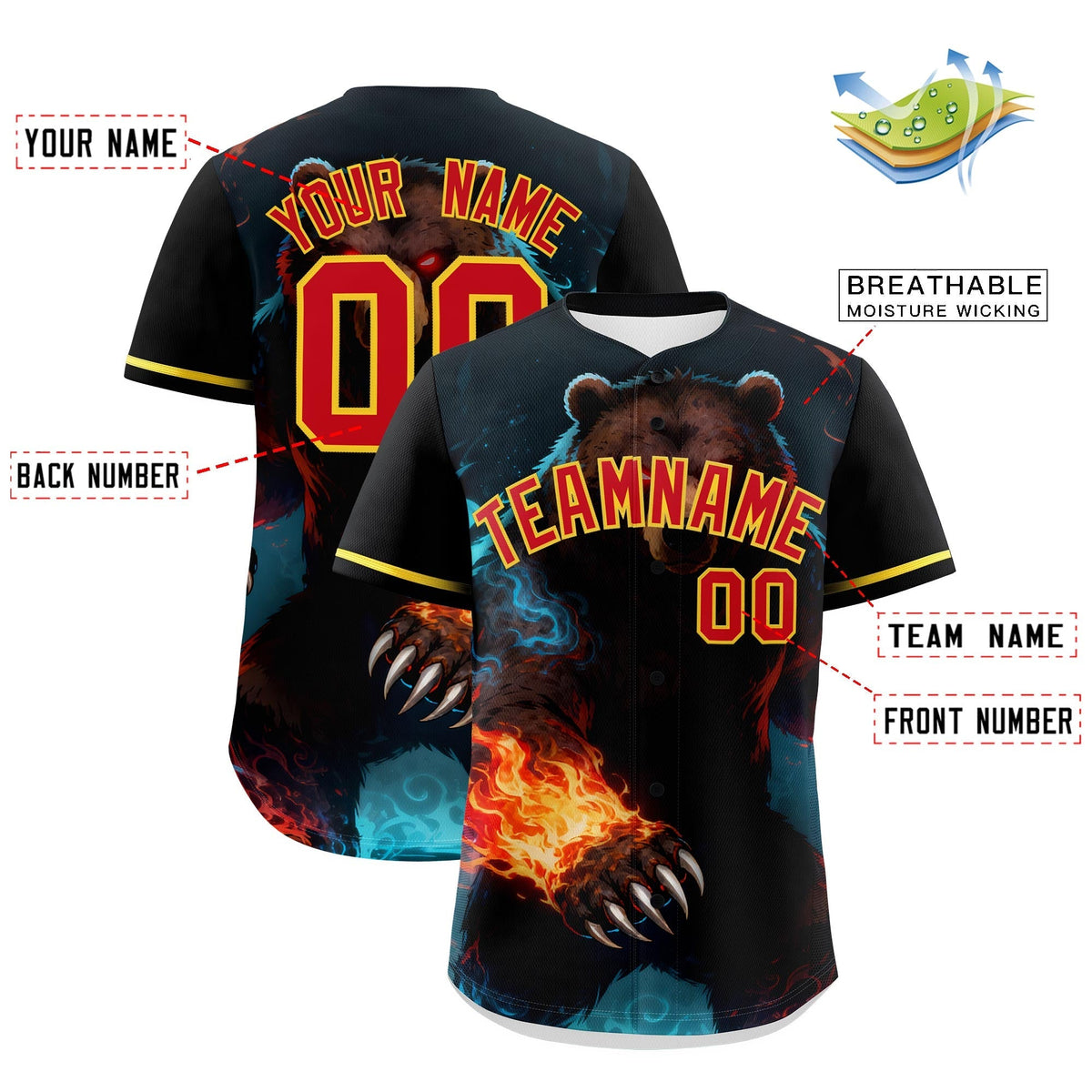 Custom Black Red Gold Bear Animal Series Personalization Graffiti Pattern Baseball Jersey| KXKSHOP