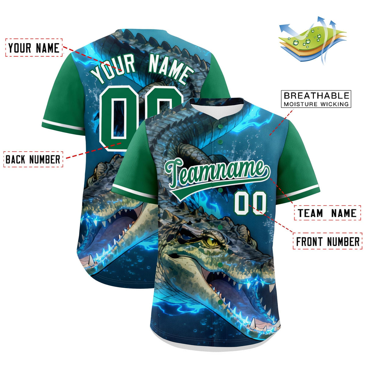 Custom Kelly Green White Crocodile Animal Series Personalization Graffiti Pattern Baseball Jersey| KXKSHOP