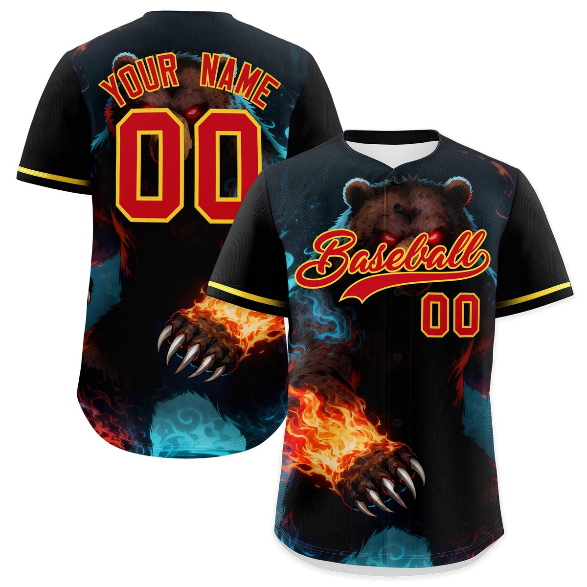 Custom Black Red Gold Bear Animal Series Personalization Graffiti Pattern Baseball Jersey| KXKSHOP