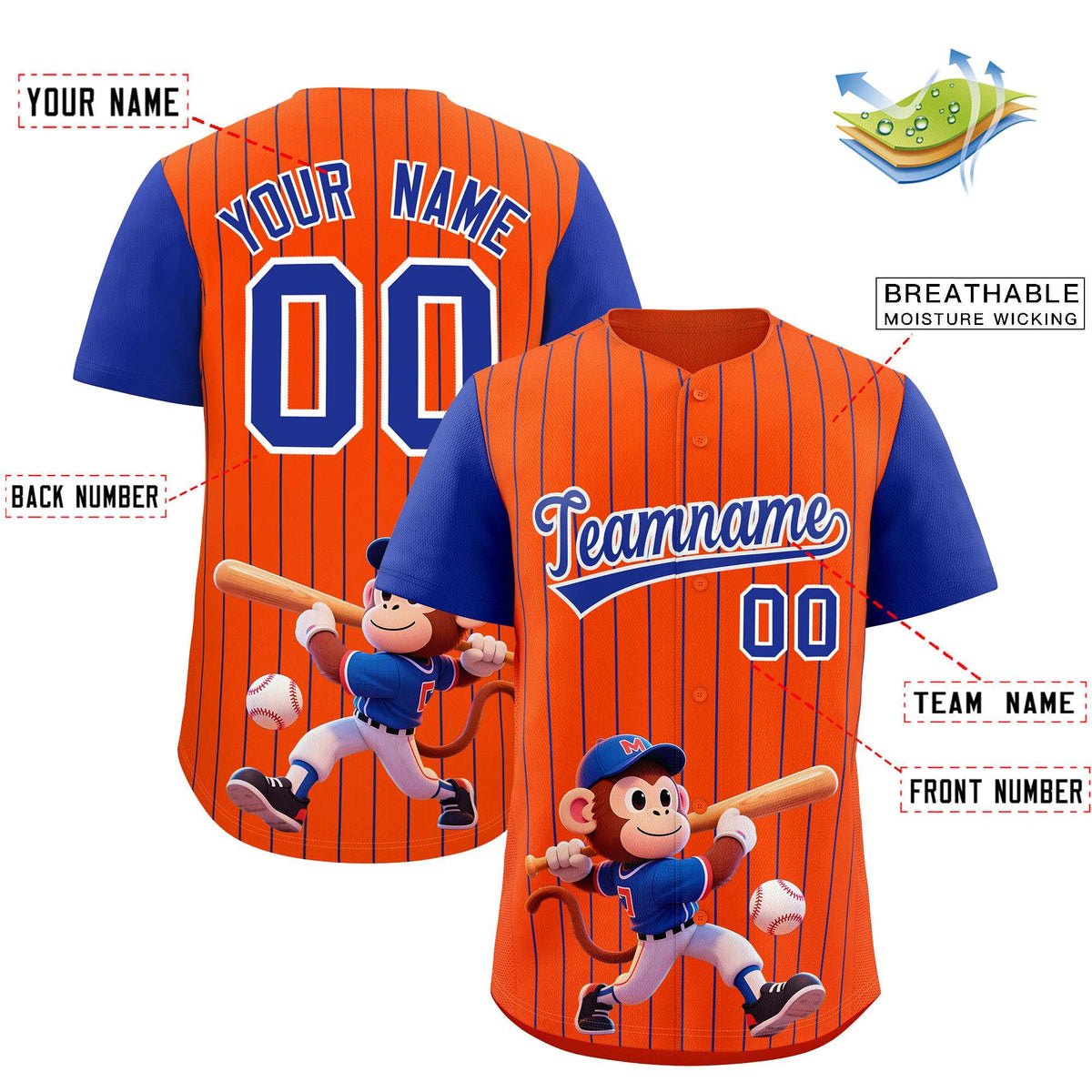 Custom Orange Royal Stripe Animals Graffiti Pattern Raglan Sleeves Authentic Baseball Jersey