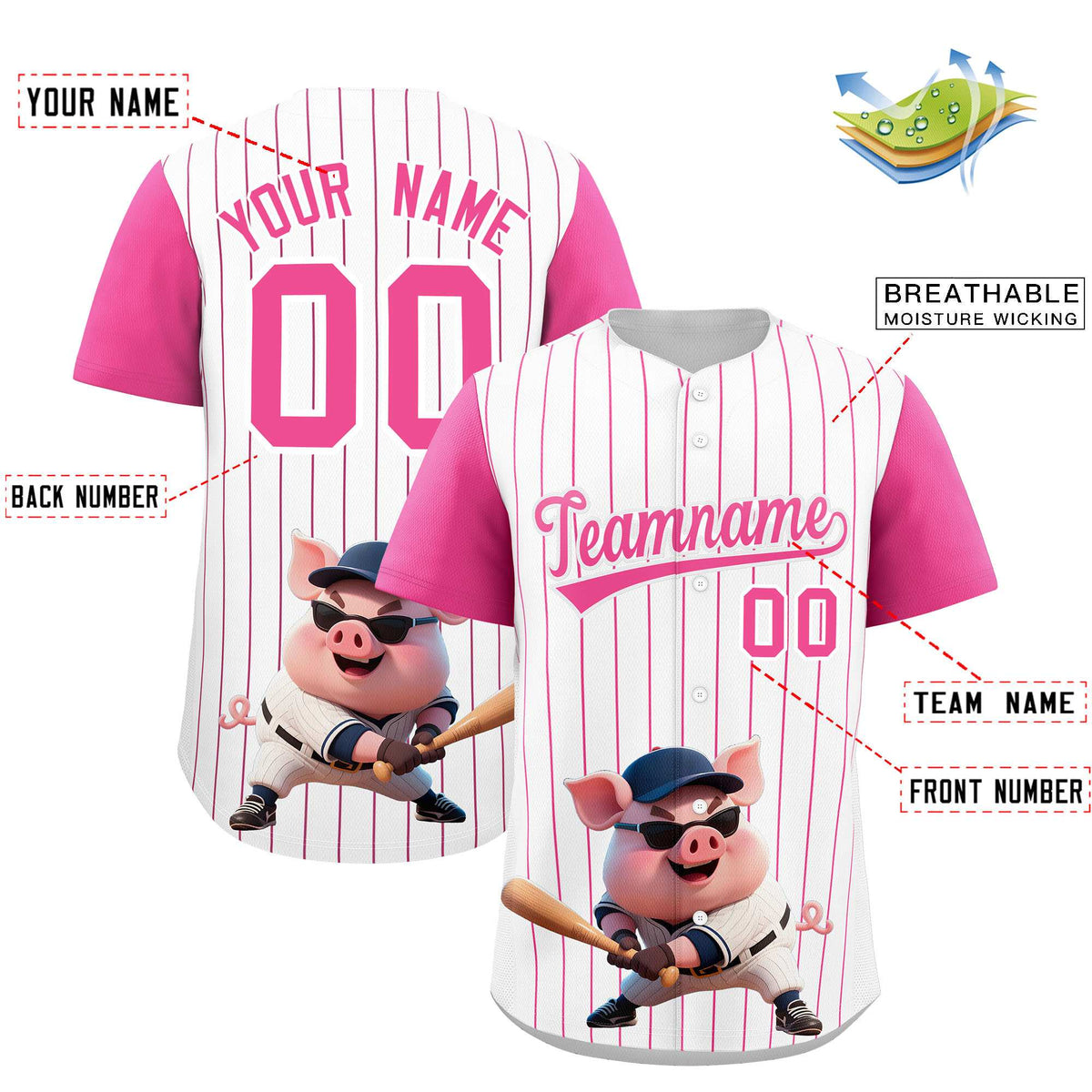 Custom White Pink Stripe Animals Graffiti Pattern Raglan Sleeves Authentic Baseball Jersey