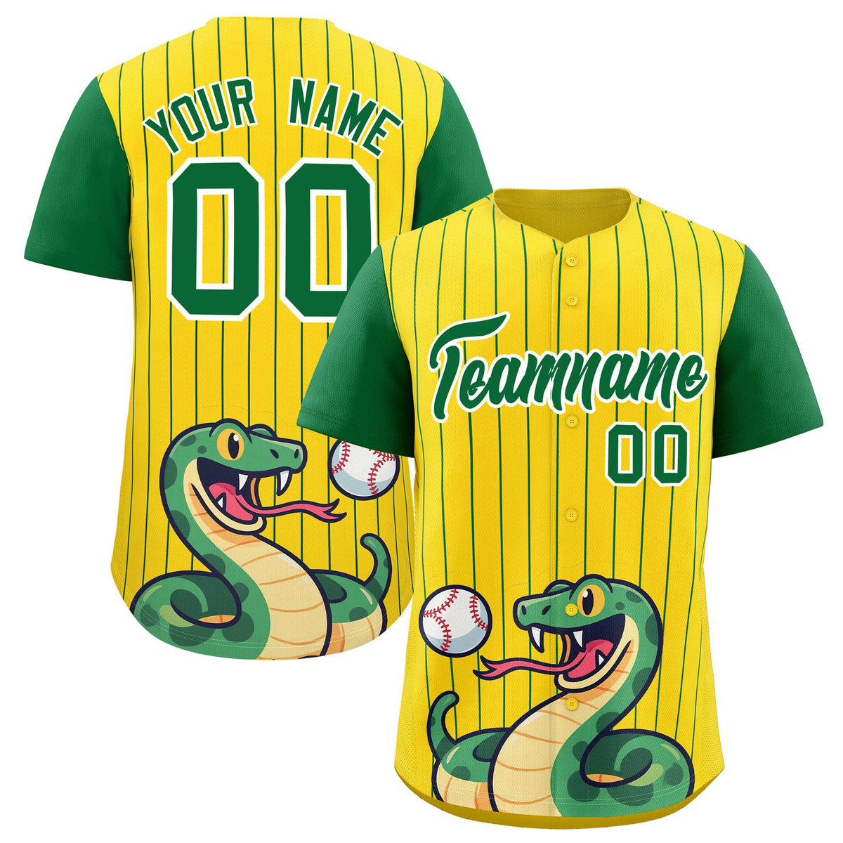 Custom Gold Kelly Green Stripe Animals Graffiti Pattern Raglan Sleeves Authentic Baseball Jersey