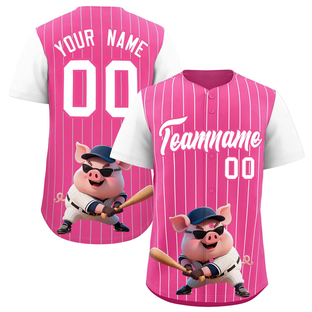 Custom Pink White Stripe Animals Graffiti Pattern Raglan Sleeves Authentic Baseball Jersey