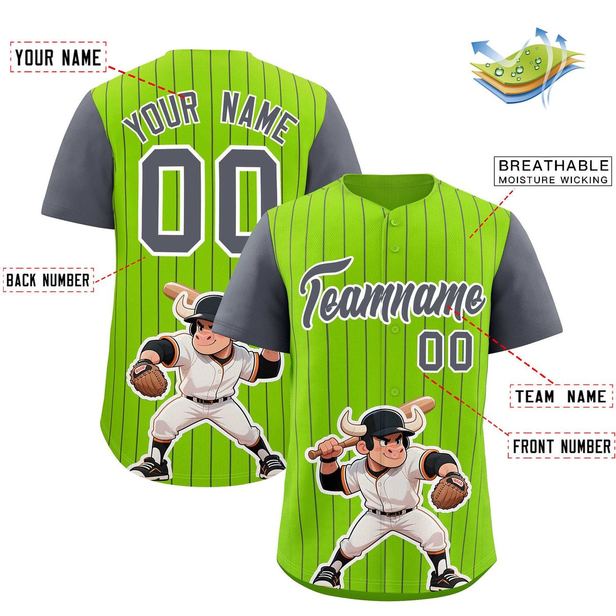 Custom Neon Green Dark Gray Stripe Animals Graffiti Pattern Raglan Sleeves Authentic Baseball Jersey