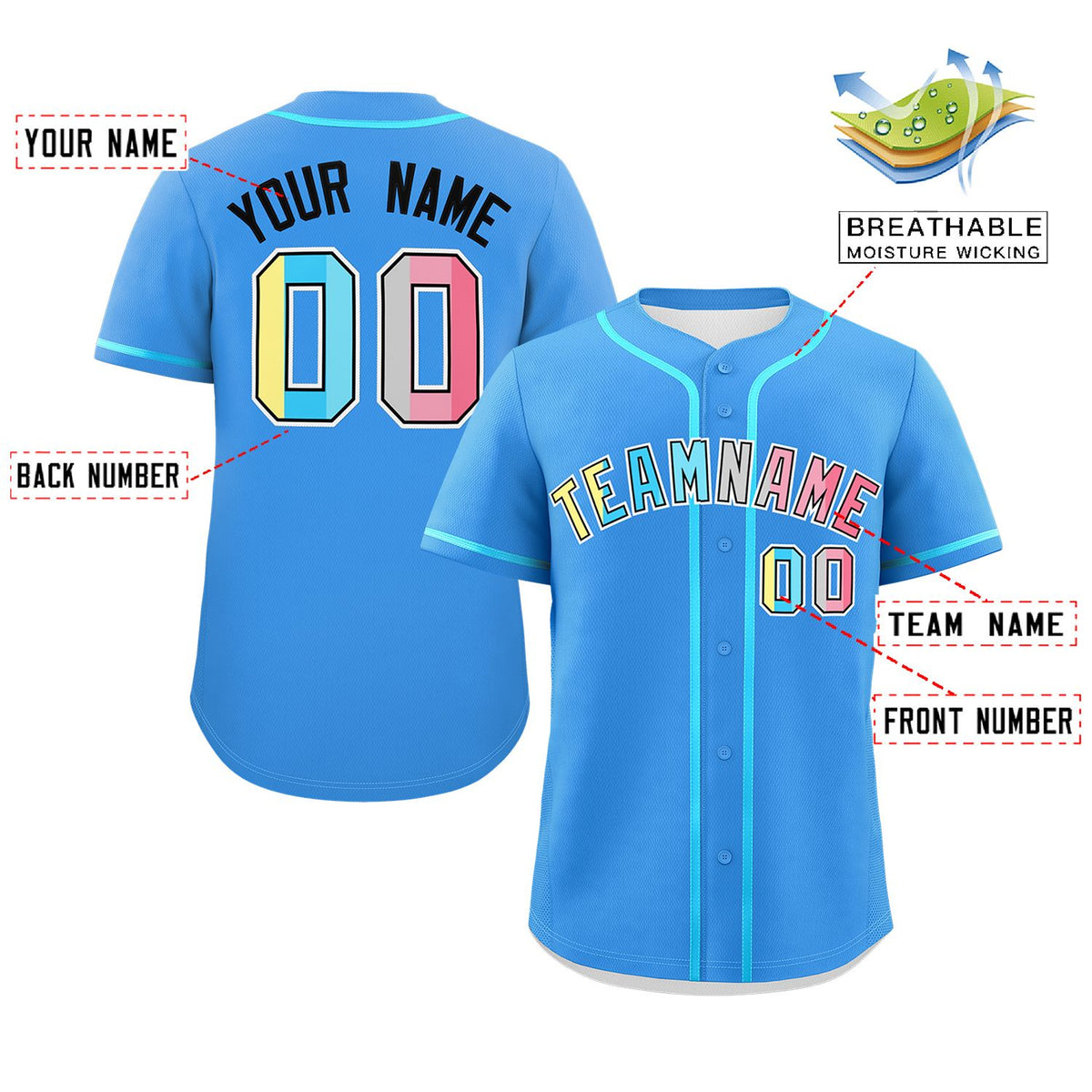 Custom Powder Blue Genderflux For Pride Month Classic Style Authentic Baseball Jersey