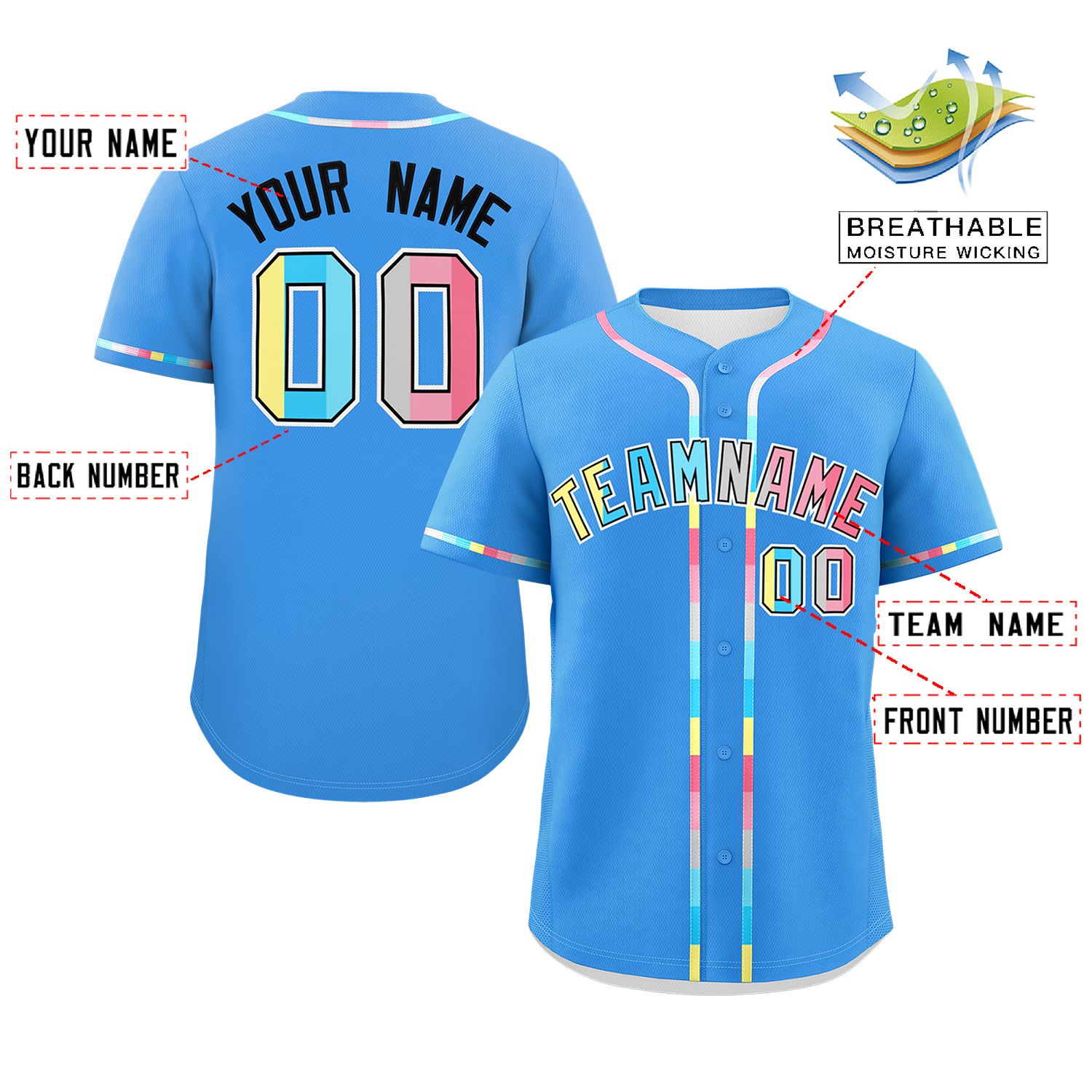 Custom Powder Blue Genderflux For Pride Month Classic Style Authentic Baseball Jersey