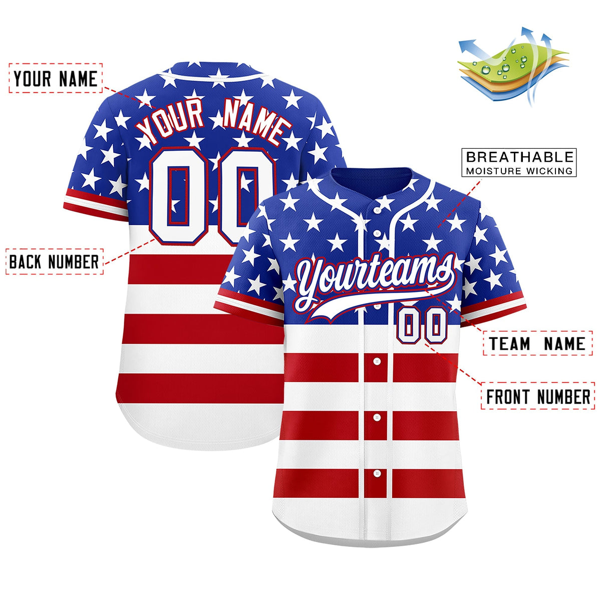 Custom Royal Blue Red White American Flag Graffiti Pattern Split Fashion Independence Day Quick Dry Baseball Jersey| KXKSHOP