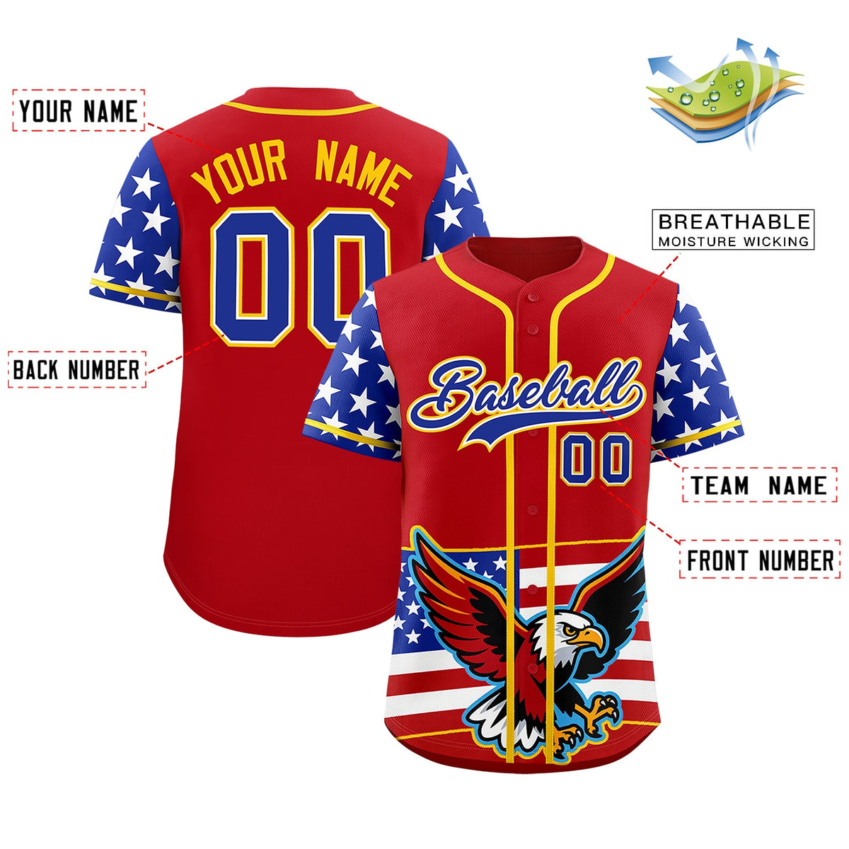 Custom Red Royal Blue White American Flag Graffiti Pattern Split Fashion Independence Day Stretch Fabric Baseball Jersey| KXKSHOP