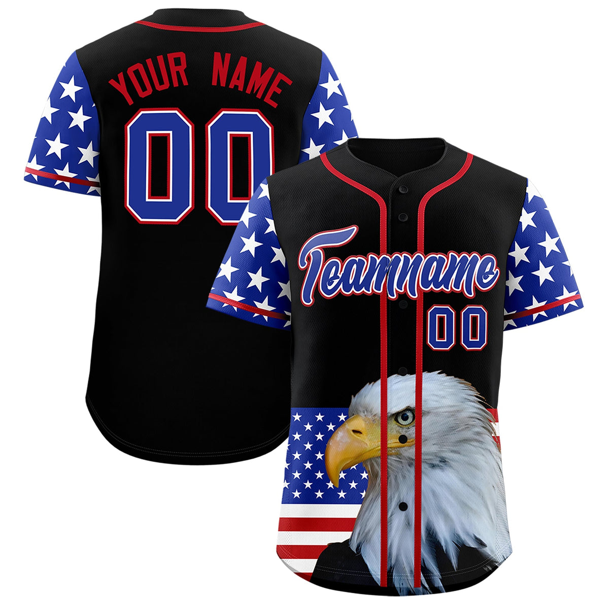 Custom Black Royal Blue White American Flag Graffiti Pattern Split Fashion Independence Day Stretch Fabric Baseball Jersey| KXKSHOP