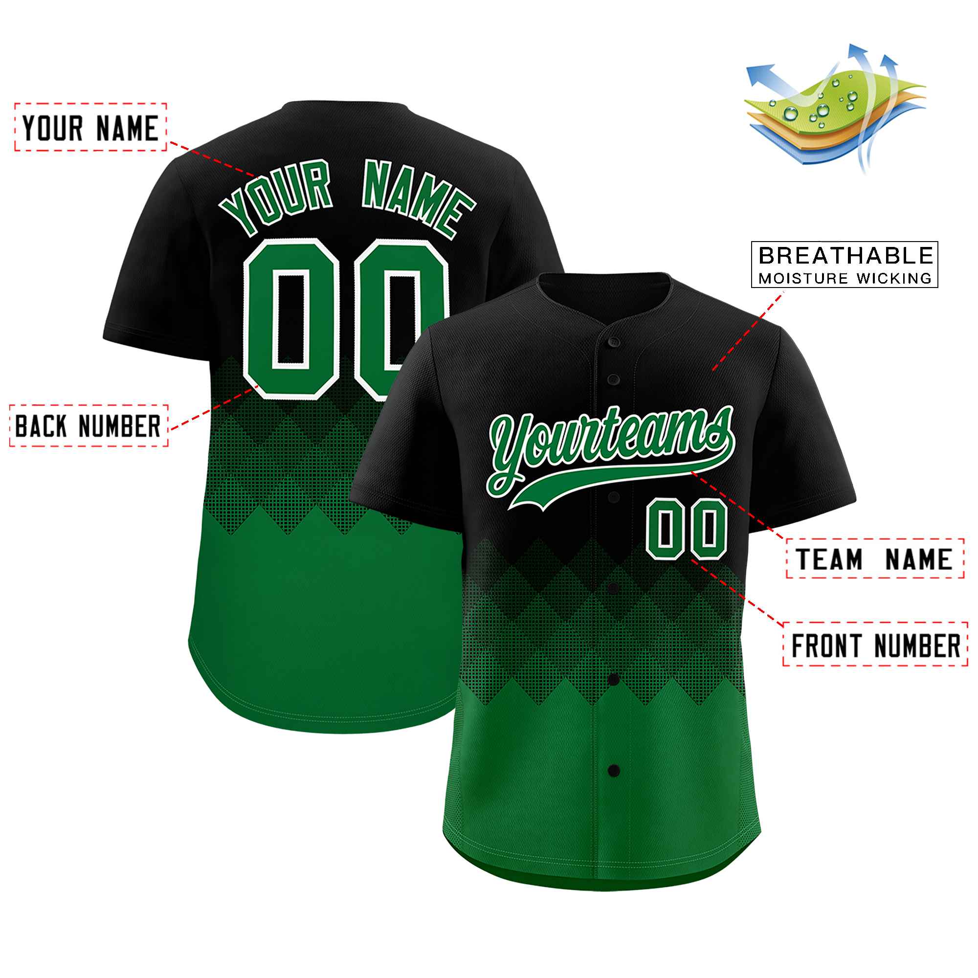 Custom Black Kelly Green Grid Blur Pattern Authentic Baseball Jersey| KXKSHOP