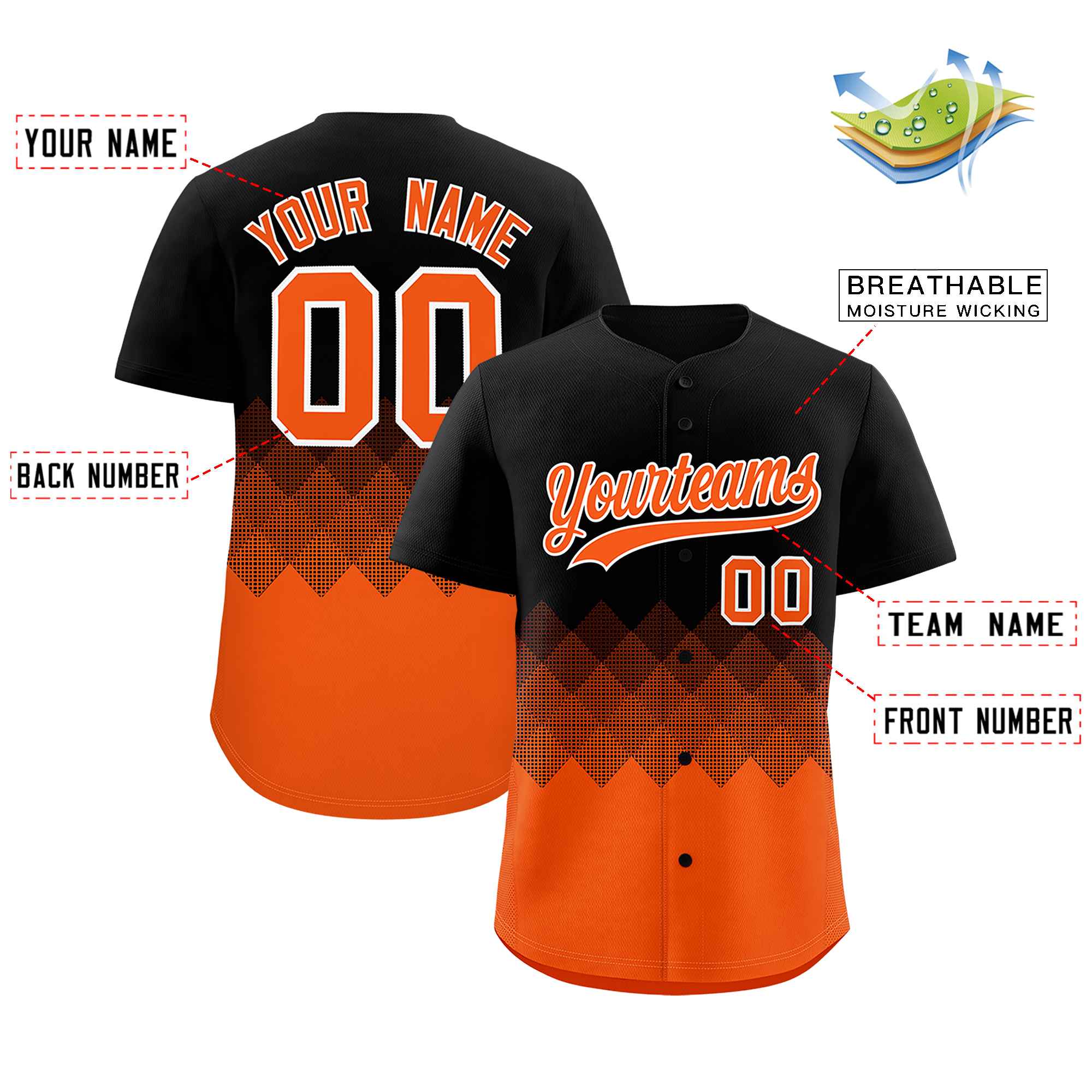 Custom Black Orange Grid Blur Pattern Authentic Baseball Jersey| KXKSHOP