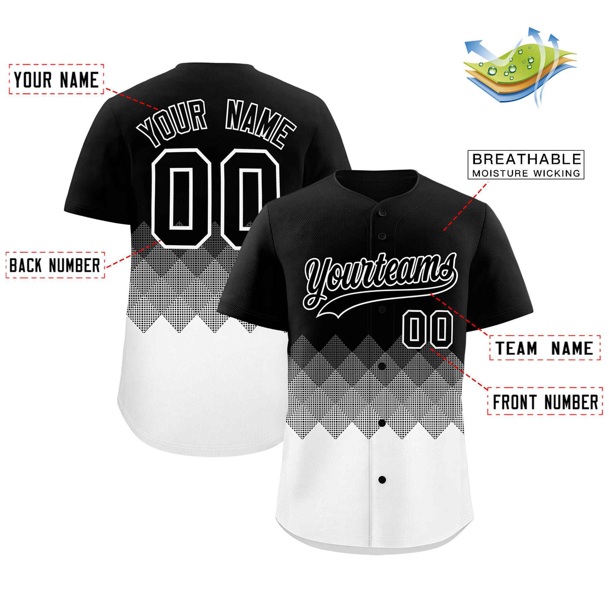 Custom Black White Grid Blur Pattern Authentic Baseball Jersey| KXKSHOP