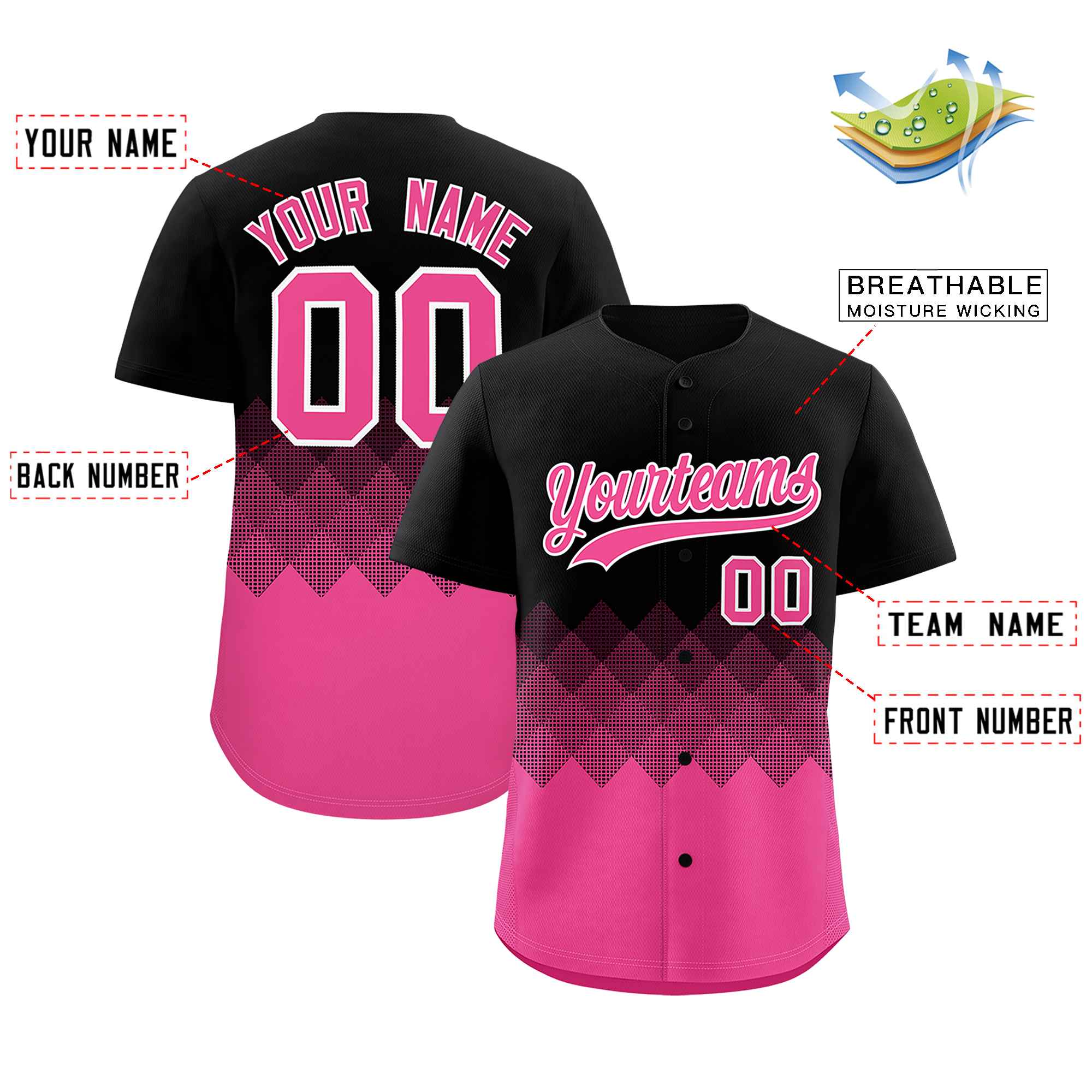 Custom Black Pink Grid Blur Pattern Authentic Baseball Jersey| KXKSHOP