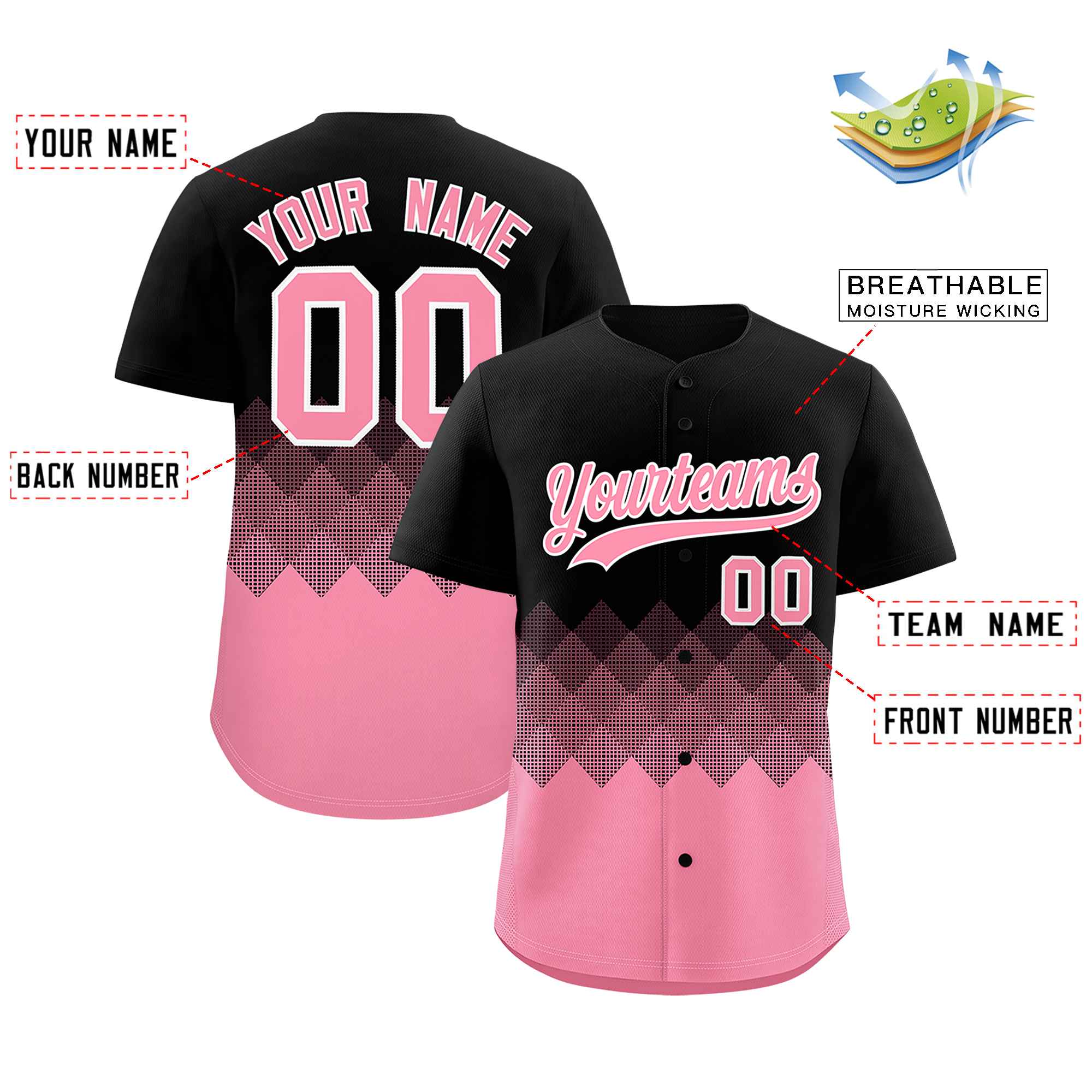 Custom Black Light Pink Grid Blur Pattern Authentic Baseball Jersey| KXKSHOP