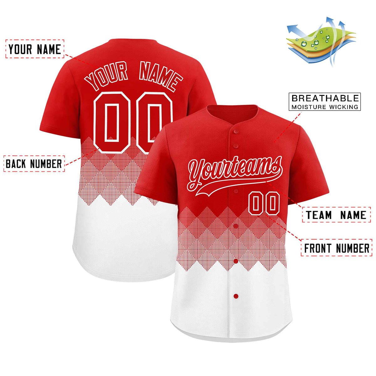 Custom Red White Grid Blur Pattern Authentic Baseball Jersey| KXKSHOP