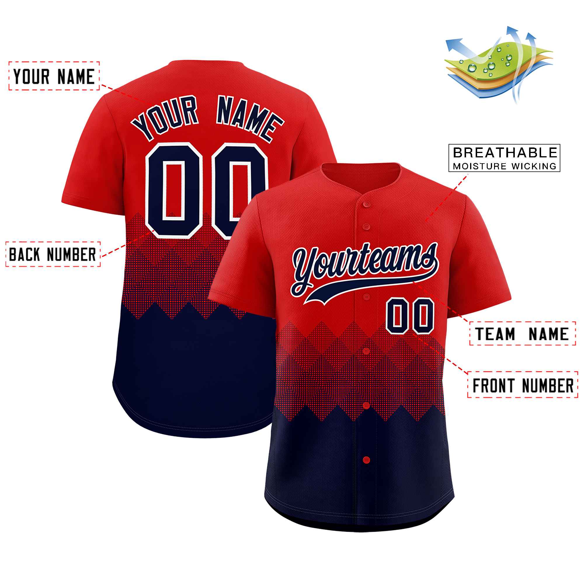 Custom Red Navy Grid Blur Pattern Authentic Baseball Jersey| KXKSHOP