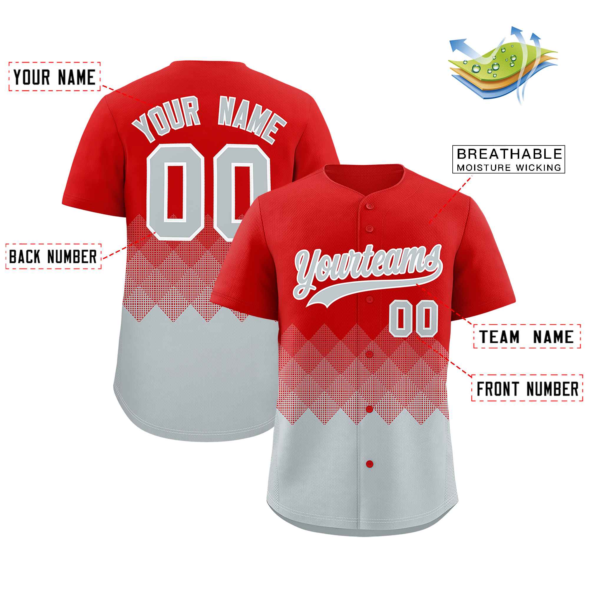 Custom Red Silver Grid Blur Pattern Authentic Baseball Jersey| KXKSHOP