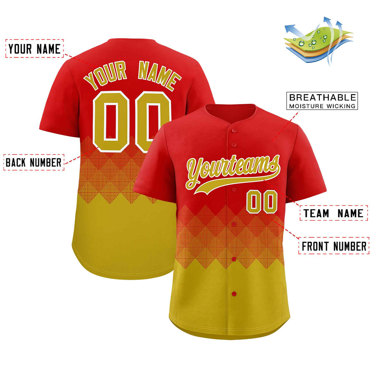 Custom Red Old Gold Grid Blur Pattern Authentic Baseball Jersey| KXKSHOP