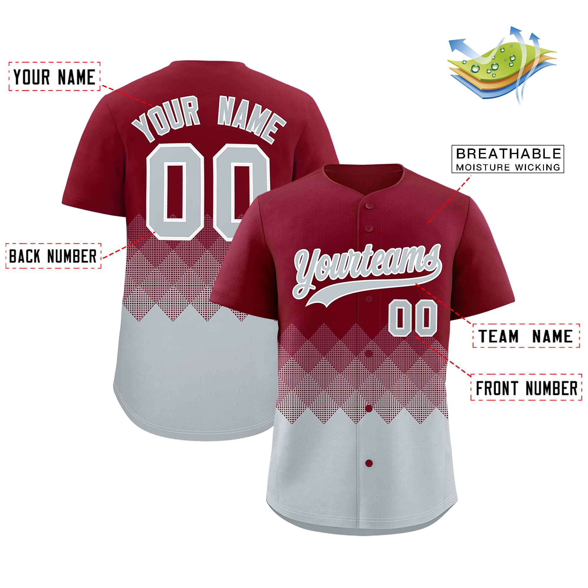 Custom Crimson Silver Grid Blur Pattern Authentic Baseball Jersey| KXKSHOP