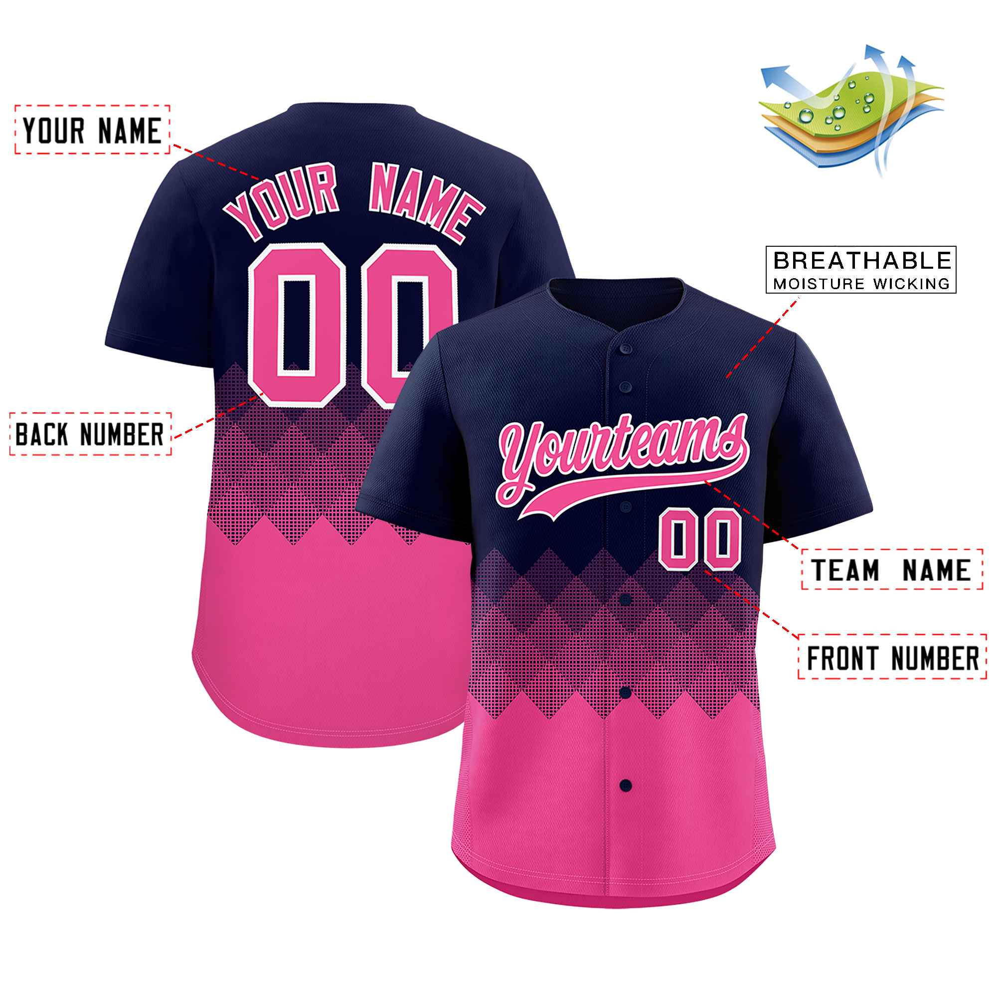 Custom Navy Pink Grid Blur Pattern Authentic Baseball Jersey| KXKSHOP
