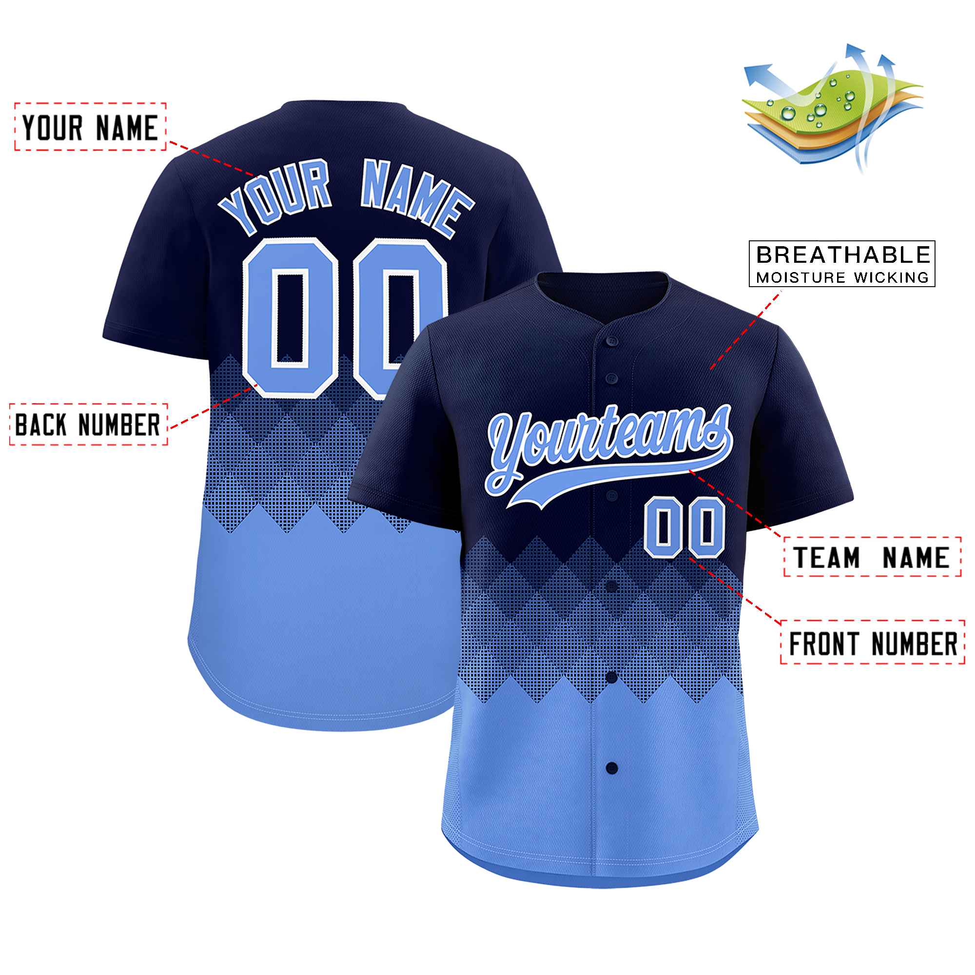 Custom Navy Powder Blue Grid Blur Pattern Authentic Baseball Jersey| KXKSHOP